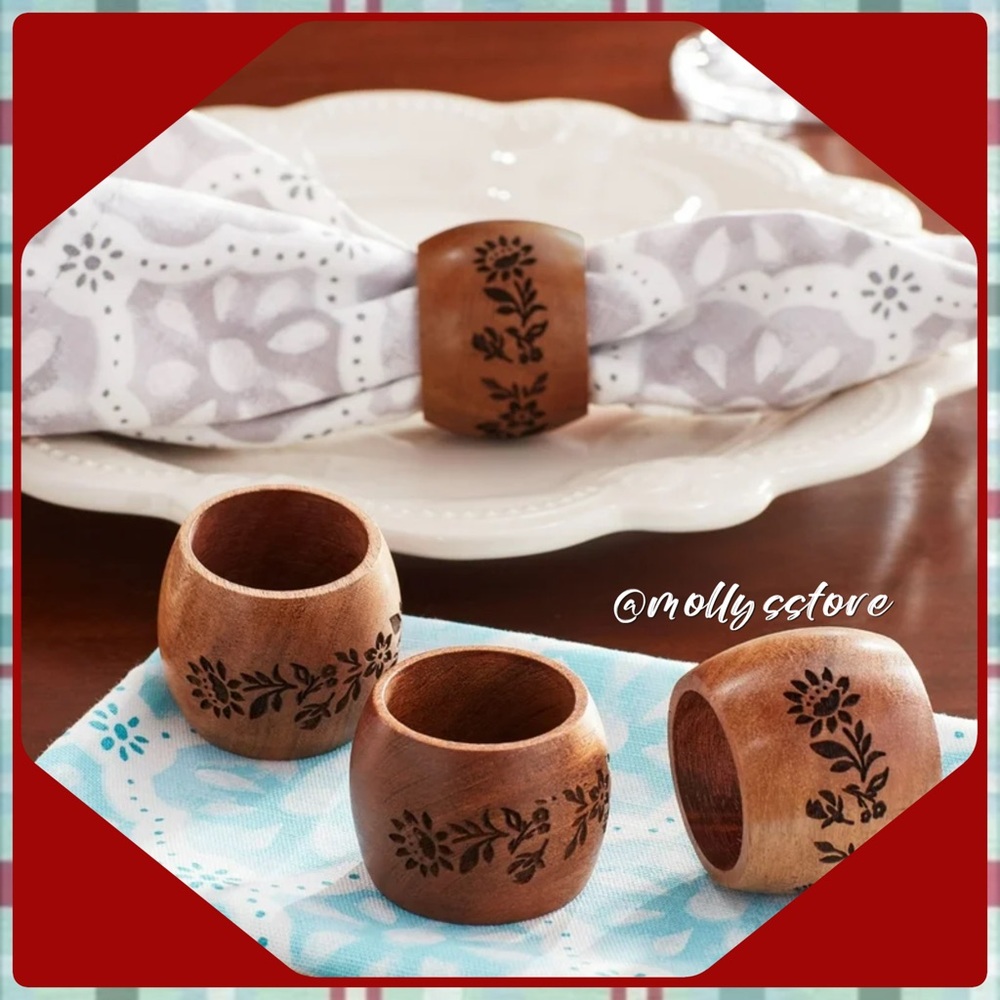 🌸 New The Pioneer Woman Etched Wood Napkin Rings, Natural, 1.5" x 2", Set of 4